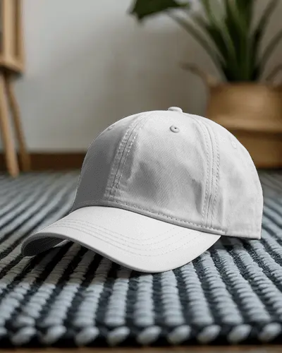 Casual Cap Mockup On Striped Rug With Plant In Background Home Lifestyle Fashion Display Style