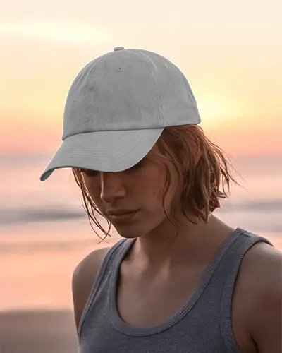 Fashion Cap Mockup On Female Model At Beach During Sunset Outdoor Lifestyle Modern Style Shot