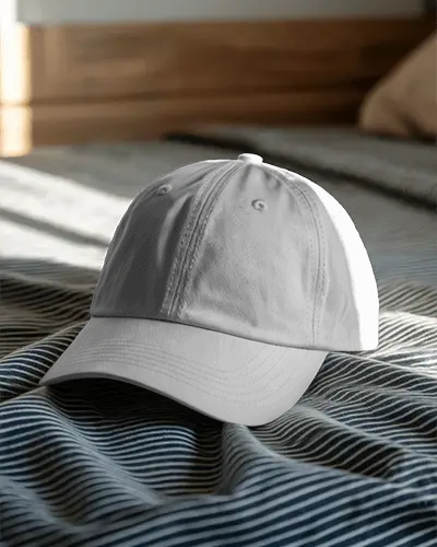 Lifestyle Cap Mockup On Striped Bed Sheets With Sunlight Shadows Cozy Home Fashion Display