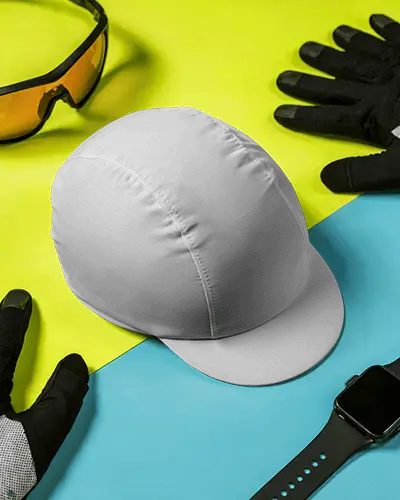 Cycling Cap Mockup On Yellow And Blue Background With Gear Gloves Watch Sporty Fashion Scene