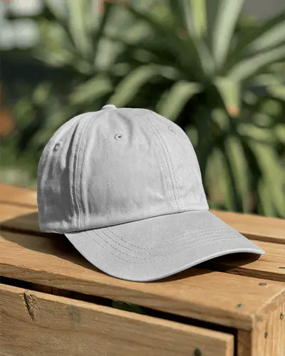 Casual Cap Mockup On Wooden Bench Outdoor Garden Setting Natural Lifestyle Fashion Display