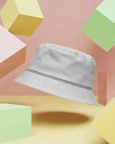 Bucket Hat Mockup Floating In Geometric 3d Colorful Studio Background Modern Fashion Display