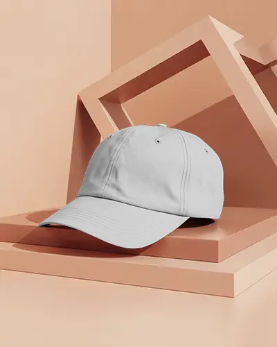 Casual Cap Mockup On Peach 3d Studio Steps Minimalist Modern Fashion Clean Stylish Display