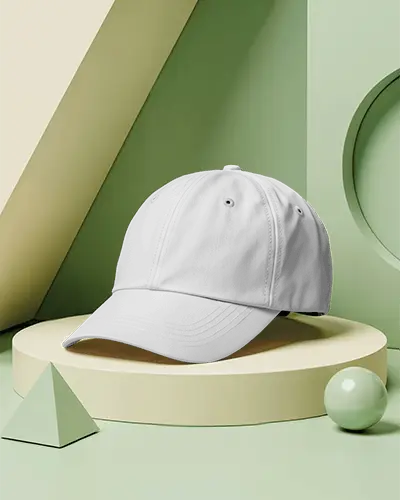 Lifestyle Cap Mockup On Green 3d Studio Podium With Geometric Shapes Modern Fashion Display