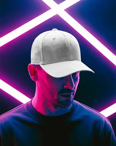 Fashion Cap Mockup On Male Model With Neon Lights Background Studio Portrait Modern Display