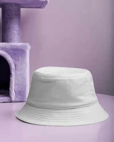 Bucket Hat Mockup On Purple Surface Near Cat Tree Minimalist Studio Display Modern Fashion Style