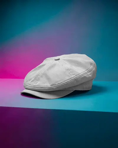 Flat Newsboy Cap Mockup On Gradient Background Purple Blue Studio Modern Fashion Clean Display