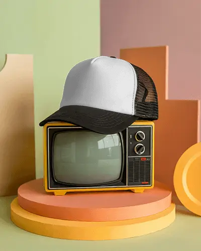 Trucker Cap Mockup On Vintage Tv With Colorful 3d Background Retro Modern Fashion Display Style