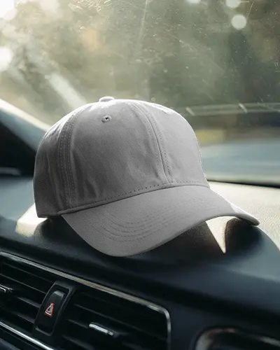 Casual Cap Mockup On Car Dashboard With Sunlight Shadows Lifestyle Travel Fashion Display Shot