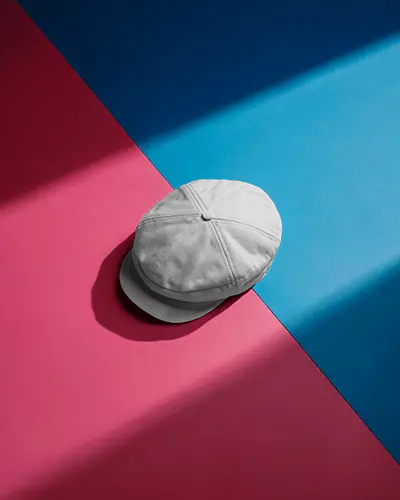 Flat Cap Mockup On Red Blue Background With Studio Light Shadow Modern Fashion Clean Display