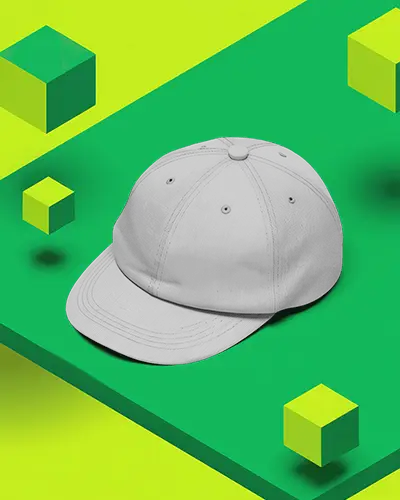 Casual Cap Mockup On Green 3d Background With Floating Cubes Modern Studio Fashion Display Shot