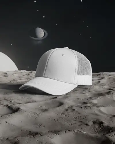 Trucker Cap Mockup On Moon Surface With Saturn In Background Space Themed Modern Fashion Display