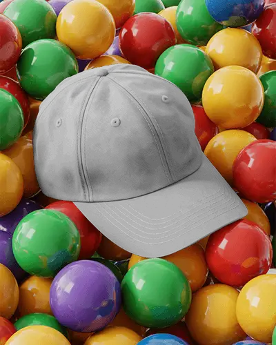 Casual Cap Mockup On Colorful Ball Pit Background Playful Fun Modern Lifestyle Fashion Display