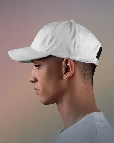 Minimal Cap Trucker Mockup On Male Profile Against Subtle Pastel Smooth Color Gradient
