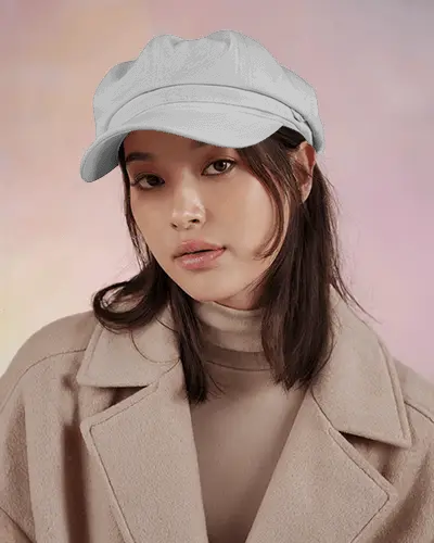 Elegant Winter Fashion Cap Mockup Featuring Soft Pastel Portrait Studio Look