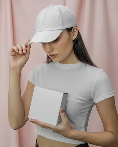 Styled Crop Top And Cap Mockup On Model Showcasing Blank Apparel For Design Presentation