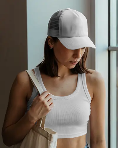 Fashion Forward Women Wearing Stylish Cap And Tank Top Mockup With Tote Bag Urban Look