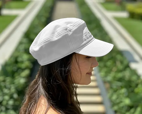Woman Wearing Stylish Military Cap Mockup Fashion Accessory For Casual Look Streetwear