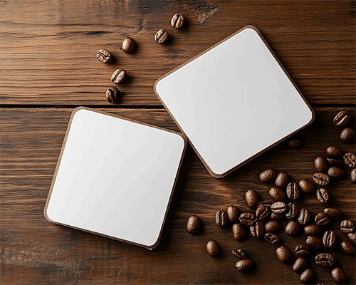 square-coaster-with-coffee-beans-on-wooden-surface