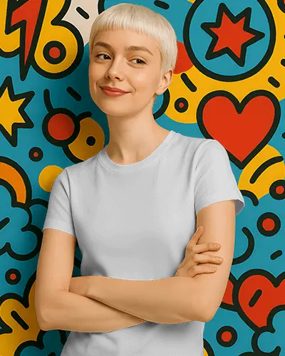 Comic Popart Tshirt Mockup Woman Smiling Arms Crossed Short Blonde Bob Vibrant Background Confident Posture