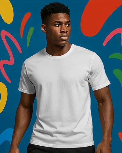 Bold Abstract Background Tshirt Mockup Male Model In Facing Left