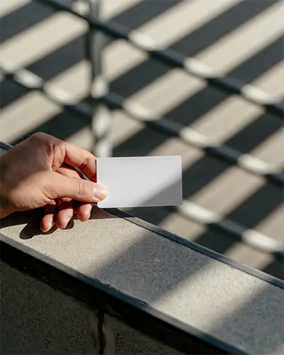 Close Up Of Hand With Clean Business Card In Modern Light Shadow Setting