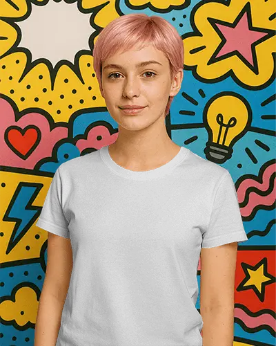 Comic Wall Tshirt Mockup Female Model With Light Pink Hair Standing Straight Colorful Pop Art Background Vibrant And Clean Look