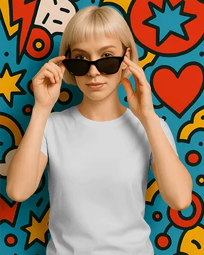 Comic Background Tshirt Mockup Female Model In Blonde Bob Wearing Black Sunglasses Stylish Modern Vibe