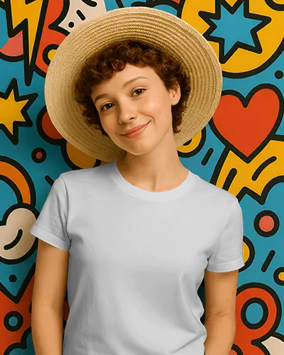 Vibrant Comic Style Tshirt Mockup Female Model In Summer Hat Smiling Against Playful Pop Art Background