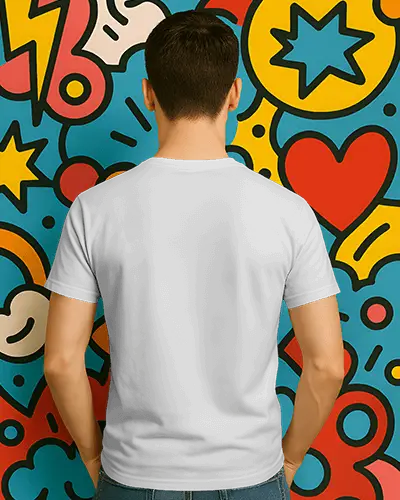 Back View Tshirt Mockup Male Model Standing Against Colorful Comic Pattern Wall Flat Back Angle Showcase