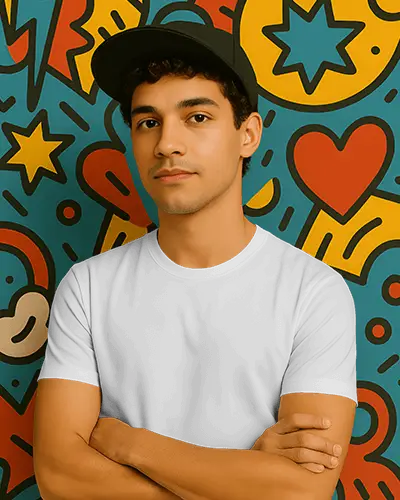 Modern Casual Tshirt Mockup Young Man In Cap Arms Crossed Front View On Bold Graphic Background