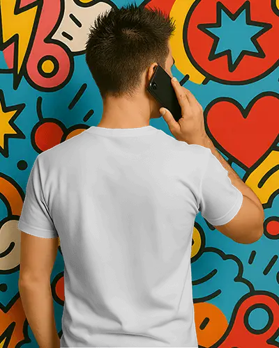 Casual Back Facing Tshirt Mockup Male Model Talking On Phone With Cartoon Heart Stars Pattern Wall