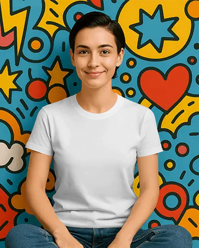 Seated Female Model Tshirt Mockup On Funky Colorful Comic Wall Background Relaxed And Modern Pose
