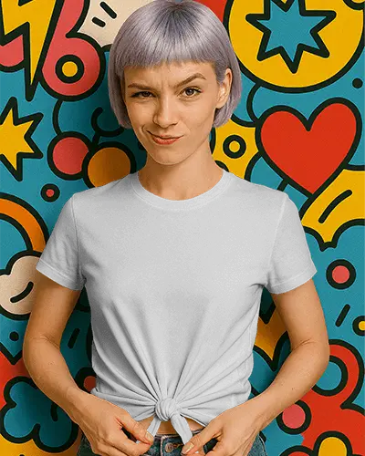 Comic Popart Tshirt Mockup Woman Knotting Tee With Playful Expression Purple Bob Cut Against Bold Graphic Backdrop Youthful Vibe