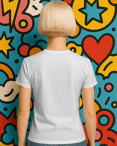 Popart Style Tshirt Mockup Female Back View Blonde Bob Cut Against Colorful Comic Wall Minimalist And Bold Contrast
