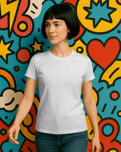 Dynamic Popart Tshirt Mockup Woman With Black Hair Mid Stride Pose On Vivid Comic Scene Vibrant And Modern