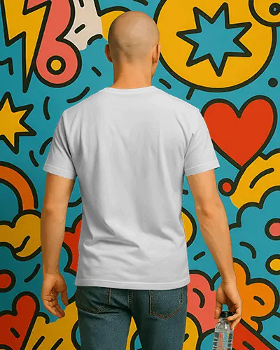 Comic Style Tshirt Mockup Male Model Back View Holding Water Bottle Against Bold Pop Art Wall Clean And Minimal Design