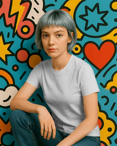 Pop Art Backdrop Tshirt Mockup Female Model With Blue Bob Sitting On Floor Casual And Modern Streetwear Vibe