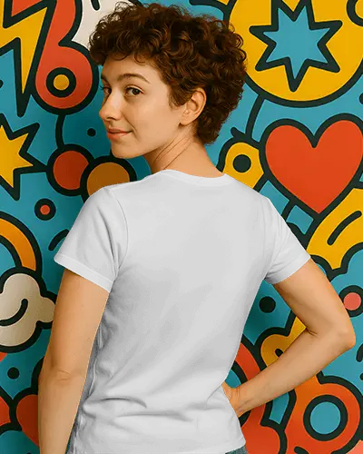 Colorful Comic Tshirt Mockup Woman Back View Curly Short Hair Turning Smiling Retro Cartoon Background