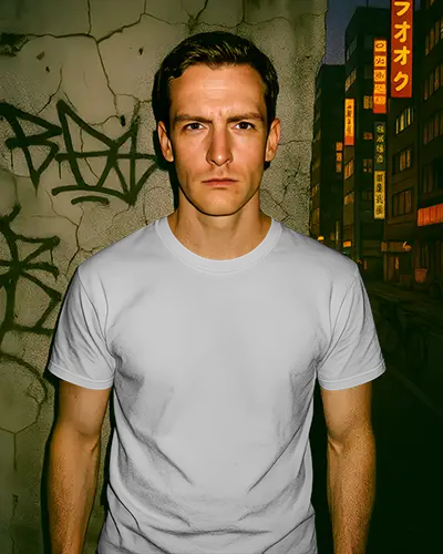 Grungy Wall T Shirt Mockup Serious Male Model With Strong Jawline Lit By City Neon Lights In Dark Street Scene