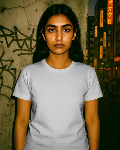 Grungy Wall T Shirt Mockup Female Model With Neutral Expression And Dark Hair Against Cracked Wall And City Signs