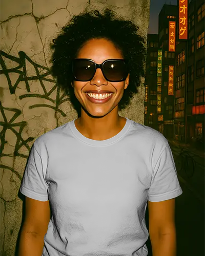 Grungy Wall T Shirt Mockup Smiling Female Model In Sunglasses Urban Graffiti Background Neon Night Lights