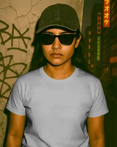 Grungy Wall T Shirt Mockup Female Model In Black Cap And Sunglasses Moody Expression With Urban Japanese Signs