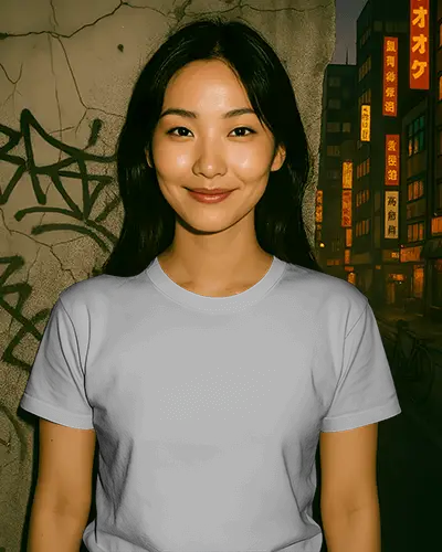 Grungy Wall T Shirt Mockup Softly Smiling Female Model With Straight Hair Aesthetic Nighttime Cityscape