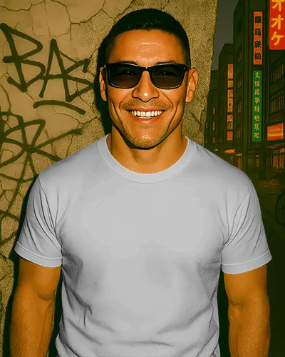 Grungy Street Style Tshirt Mockup Smiling Male Model In Sunglasses Against Urban Wall With Graffiti And Neon Signs Night City Vibes