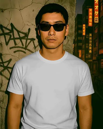 Edgy Urban Tshirt Mockup Confident Male Model With Shades Front Facing Against Cracked Wall And Asian Cityscape In Moody Night Light
