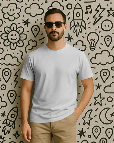 Casual Men T Shirt Mockup Male Model Standing Front Facing With Sunglasses Neutral Expression Vibrant Doodle Background