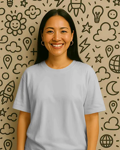 Smiling Female Model T Shirt Mockup Plain Tee Short Sleeve Gold Hoop Earrings Vibrant Doodle Wall Background