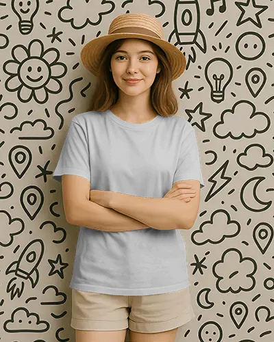 Casual Women T Shirt Mockup Female Model With Straight Hair Wearing Beige Shorts Plain Tshirt Creative Doodle Background
