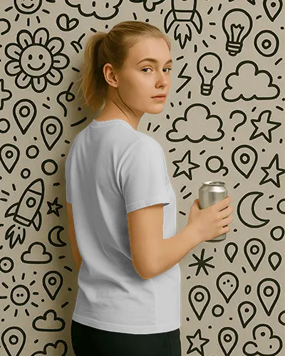 Casual Women T Shirt Mockup Female Model Looking Back Plain Tee Creative Doodle Wall Background Wearing Dark Pants